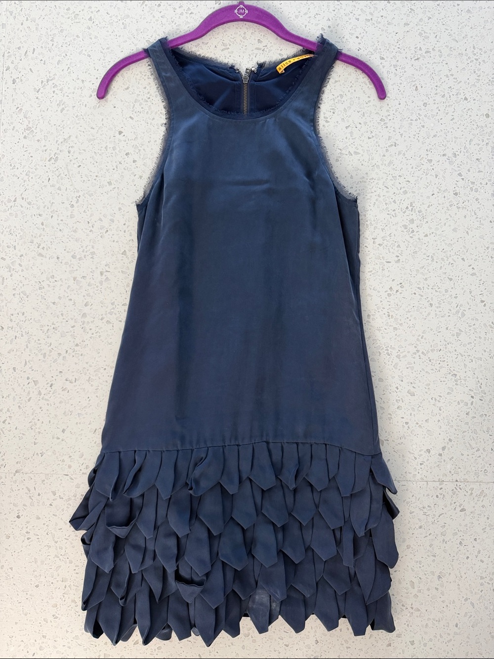 Alice + Olivia Navy Sleeveless Dress with Raw-Edge Trim no size tag read desc
